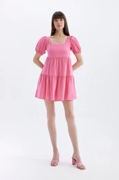 Babydoll Square Neck Short Sleeve Midi Dress