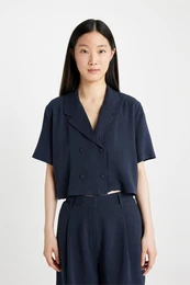 Crop Polo Collar Linen Blend Short Sleeve Shirt