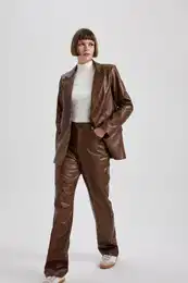 Straight Fit Pocketed High Waist Straight Leg Faux Leather Trousers