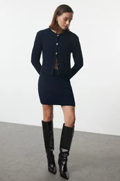 Navy Blue Heart Buttoned Knitwear Top-Bottom Set
