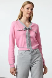 Gray Ribbon/Bow Detailed Knitwear Cardigan