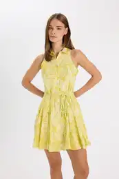 A-Line Shirt Collar Patterned Voile Sleeveless Mini Dress