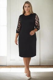 97062 Polka Dot Flocked on Sleeves Plus Size Dress-BLACK