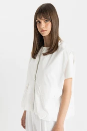 Oversize Wide Pattern Seasonal Light Poplin Vest Bike Collar Zippered Pocket
