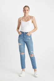 Lina Lina Mom Fit Ripped Detailed High Waist Ankle Length Jean Washed Trousers