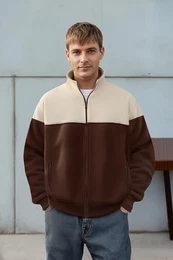 Brown-Beige Regular Fit Long Sleeve Stand Collar Zippered Sweatshirt
