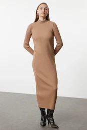Camel Pearl Stone Accessory Knitwear Dress