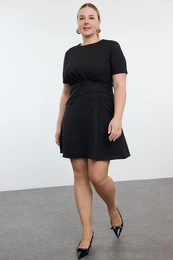 Curve Black Short Sleeve Thin Padded Mini Draped Zippered A-Form Woven Dress