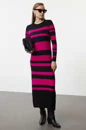 Black Fuchsia Color Block Ribbed Knit Sweater Dress