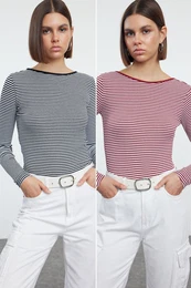Black and Red Striped Fitted Backless Ribbed Stretchy Knitted Blouse
