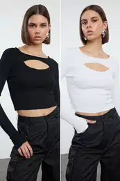Black-White 2-Piece Cut Out Detailed Fitted Flexible Knitted Blouse