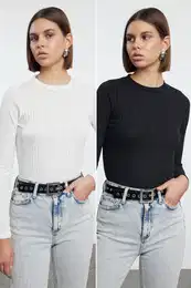 Black-Ecru 2 Pack Crew Neck Regular/Normal Fit Knitted Blouse