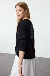 Black 100% Cotton Premium Oversize/Wide Fit Long Sleeve Back Printed Knitted T-Shirt