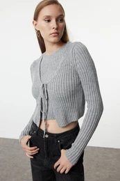 Gray Crop Blouse-Cardigan Set Knitwear Cardigan
