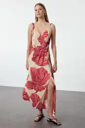 Pomegranate Blossom Floral Patterned Double Breasted Slit Detailed Maxi Woven Dress