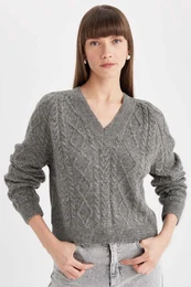 Relax Fit V Neck Hair Knitted Sweater