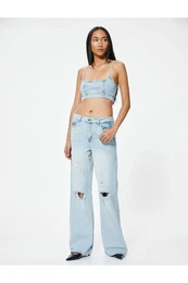 Wide Leg Ripped Denim Trousers with Standard Waist Buttons - Bianca Wide Leg Jean