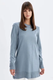 Regular Fit Crew Neck Slit Basic Plain Knitwear Sweater Tunic