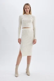 Cool Slim Fit Slim Cut Basic Plain Slit Knit Midi Skirt