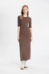 Bodycon Fitted Crew Neck Basic Plain Ribbed Camisole Short Sleeve Maxi Dress