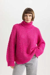 Oversize Fit Turtleneck Shiny Fabric Sweater