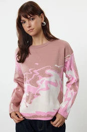 Pink Patterned Crew Neck Knitwear Sweater