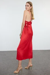 Red Window/Cut Out Detailed Bow Satin Woven Elegant Evening Dress