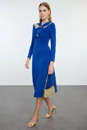 Saxe Accessory Detailed Knitted Chic Midi Evening Dress