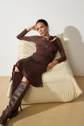 Brown Accessory Detailed Knitted Chic Midi Evening Dress