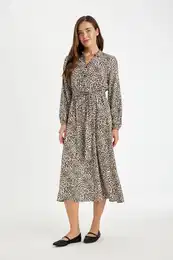 Open Collar Leopard Patterned Buttoned Long Sleeve Viscose Belted Maxi Dress