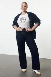 Curve Dark Blue Buttoned Wide Leg Plus Size Jeans