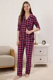 Burgundy Plaid Soft Feeling Brushed Fabric Sleep Band Knitted Pajama Set