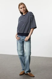 Navy Blue Striped Oversize/Wide Fit Thin Knitted Sweatshirt