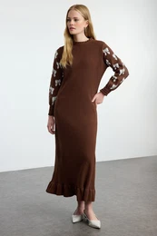 Brown Ribbon Patterned Knit Dress