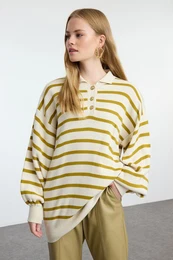 Oil Green Striped Balloon Sleeve Polo Neck Knitted Sweater