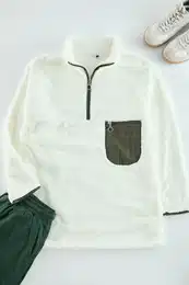 Ecru Zipper Collar Pocket Detail Plush Oversize Sweatshirt