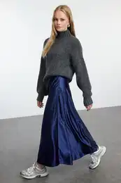 Navy Blue A Line/Flare Cut Midi Skirt