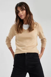 Regular Fit V Neck Basic Plain Knitted Sweater