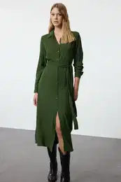 Dark Green Belted Viscose Midi Woven Shirt Dress