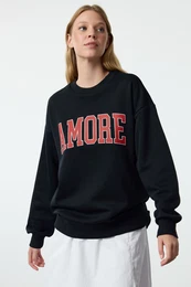 Navy Blue Thick Fleece Inside Oversize/Wide Cut Slogan Embroidered Knitted Sweatshirt