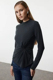 Anthracite 100% Modal Content Gathering Detailed Crew Neck Asymmetrical Knitted Blouse