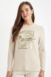 Relax Fit Crew Neck Shiny Printed Long Sleeve T-Shirt