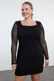 Curve Black Square Neck Sleeves Tulle Knitted Plus Size Dres
