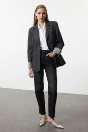 Anthracite Cuff Detailed Woven Blazer Jacket