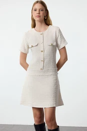 Ecru A-Line Button Detailed Mini Tweed Woven Dress