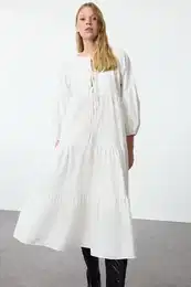 White Relaxed Fit Bow Midi Woven Dress