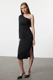 Black Asymmetrical Collar One Sleeve Gathered Fitted Midi Knitted Dress