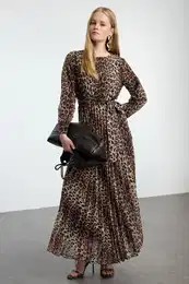 Brown Leopard Patterned Belt Detailed Lined Pleated Chiffon Woven Dress