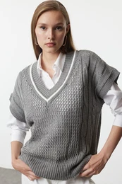 Gray Wide Fit V-Neck Openwork Knitwear Sweater