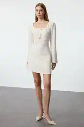 Ecru A-Line Square Neck Button Detailed Mini Tweed Woven Dress